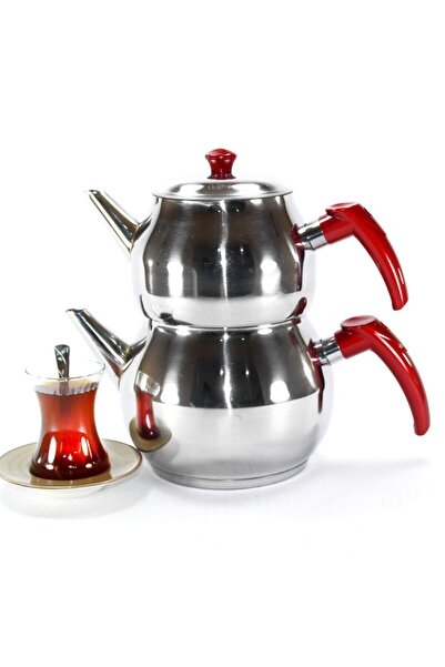 BYKARDELEN Büyük Küre Paslanmaz Çelik Çaydanlık Kendinden Süzgeçli Kırmızı