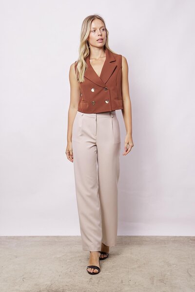 Jument Kadın Yüksek Bel Pileli Yan Cepli Rahat Kesim Palazzo Pantolon-Taş