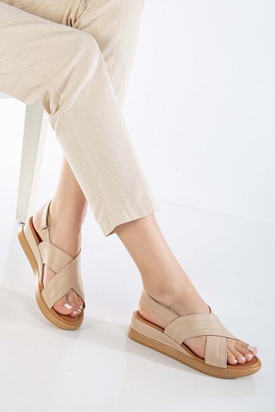 ANALİN SHOES Sandale de damă bej din piele naturală cu velcro la spate