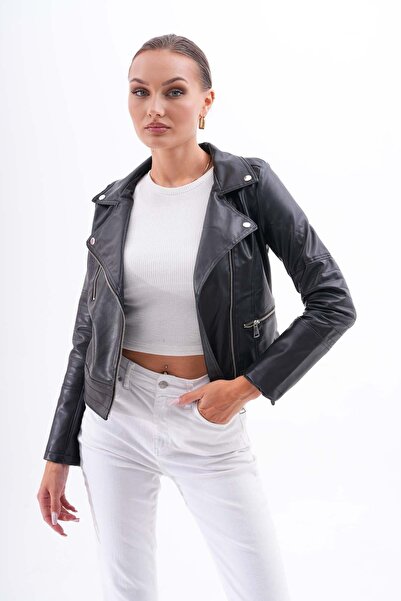 ŞİMAL Women's Leather Jacket 245216 - Cross Zipper