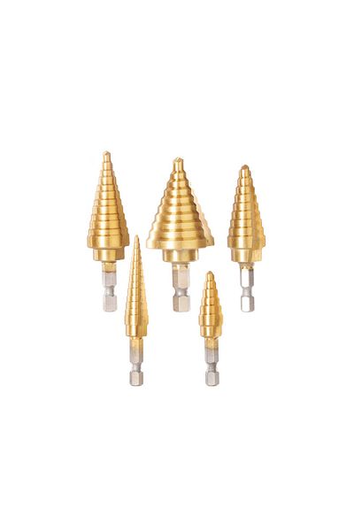 TOTAL 5PCS Step Drill Bit Set HSS 4341 1/4" Hex Shank, Titanium Coated for Metal & Wood
