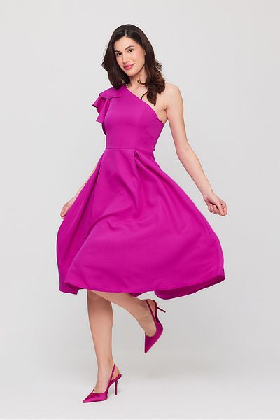 Ceylen One Shoulder Ruffle Sleeve Pleated Midi Length Evening Dress