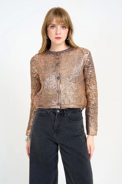 Qu Style Anthracite-Copper Sheeted Plain Cardigan