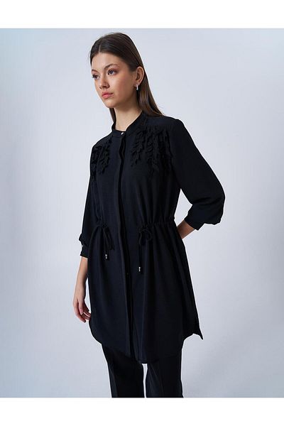 Kayra Black Waist Shirred Judge Collar Tunic