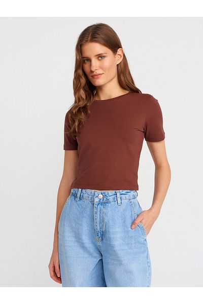 Dilvin 31655 Crew Neck Crop Top-Brown