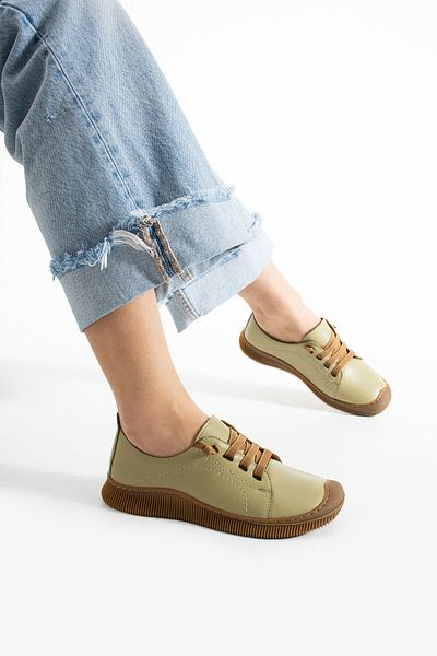 Getcho Preko Women's Genuine Leather Green Lace-Up Comfortable Daily Sneaker Sports Shoes Soft Model