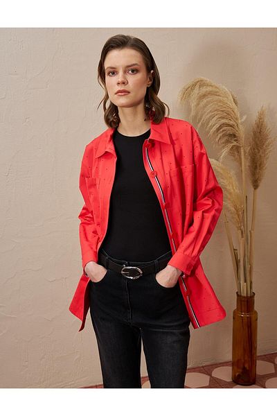 Kayra Double Pocket Hotfix Printed Blouse Red