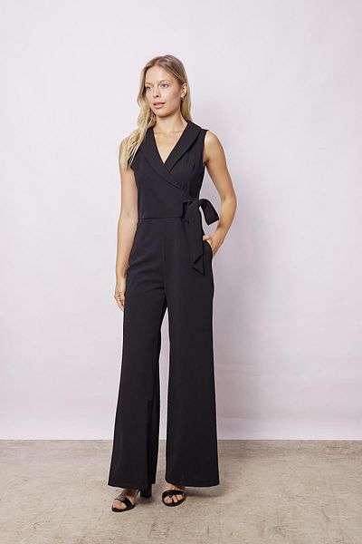 Jument Women Stylish Jumpsuit-Black Lycra Crepe Double Breasted Wrap Side Pockets Sleeveless Collared