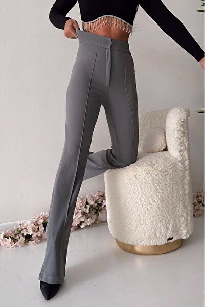 miyase life Kadın Gri Krep Kumaş Likralı Ön Çimalı Ispanyol Paça Pantolon