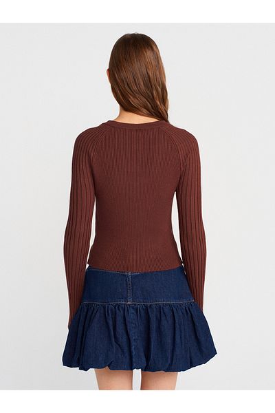 Dilvin 60967 Crew Neck Corded Buttoned Slim Knitwear Cardigan-Brown
