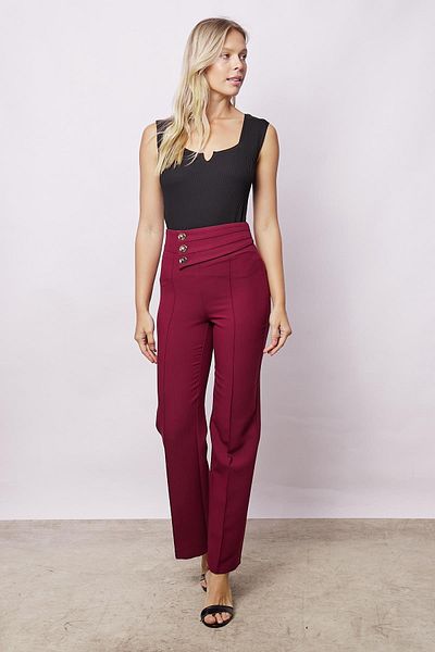 Jument High Waist Front Stitched Belt Buttoned Women's Leg - Light Lycra Claret Red Office Trousers
