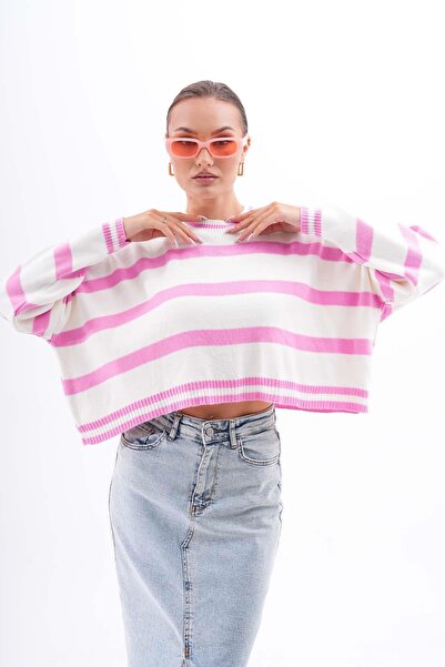 ŞİMAL Tricotaj pentru femei cu model în dungi, cu gâtul rotund, tricotaj, pulover scurt, largi, tricotat 255044 -