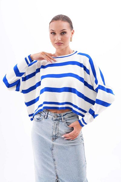 ŞİMAL Striped Crew Neck Women's Knitwear Sweater - Loose ShortModel245176