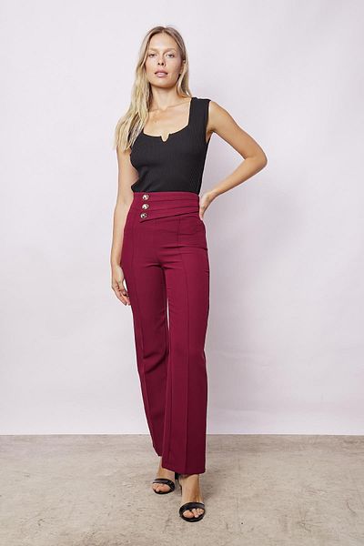 Jument High Waist Front Stitched Belt Buttoned Women's Leg - Light Lycra Claret Red Office Trousers