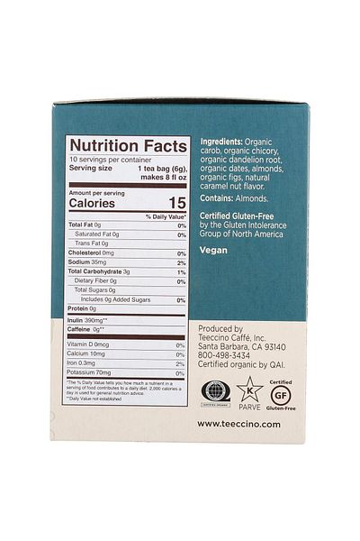 Teeccino Dandelion Caramel Nut Tea - Caffeine Free, Roasted Herbal Tea with Prebiotics, Gluten Free - 10 Bags