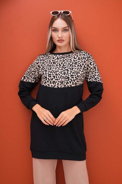 ŞİMAL Kadın Üstü Leopar Desenli İki İplik Tunik Sweatshirt 245113 -