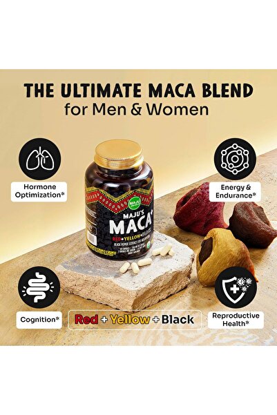 Maju Superfoods 4-in-1 Maca Root Capsules, Organic Black, Yellow, Red Roots, Black Pepper (120 ct) | 60,000 mg