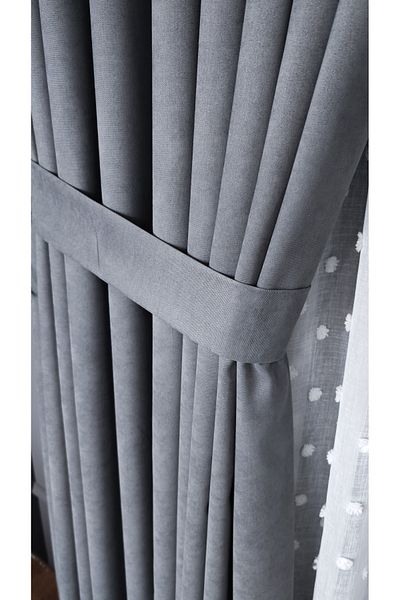 Yuka Double Wing Gray Velvet Textured 1/3 Dense Pleated Solid Color Background Curtain Heavy Weight
