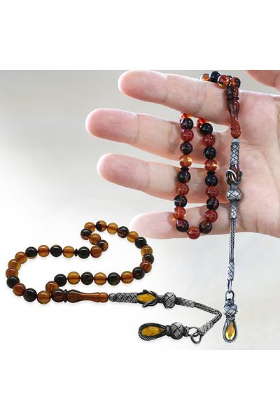 Tesbihane 1000 فضة استرلينية مزينة بشراشيب على شكل كرة مقطوعة باللون الأصفر والأسود من العنبر الناري