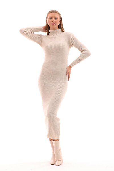 ŞİMAL Kadın Fitilli Balıkçı Yaka Triko Örme Uzun Elbise 245029 -