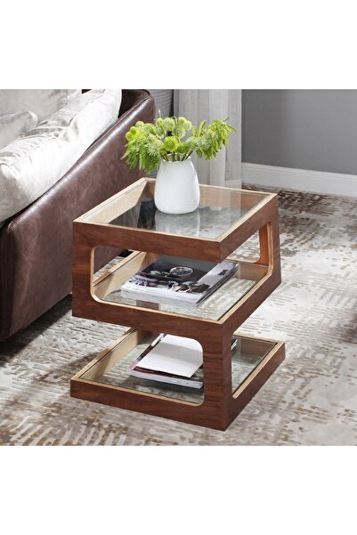 ka tasarım Geometrik Cam Raflı Modern Tasarım Ahşap Sehpa