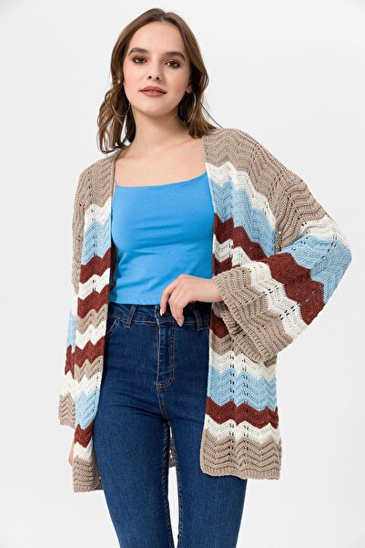 ŞİMAL Kadın Desenli Geniş Uzun Kol V Yaka Delikli Triko Hırka 255200 -