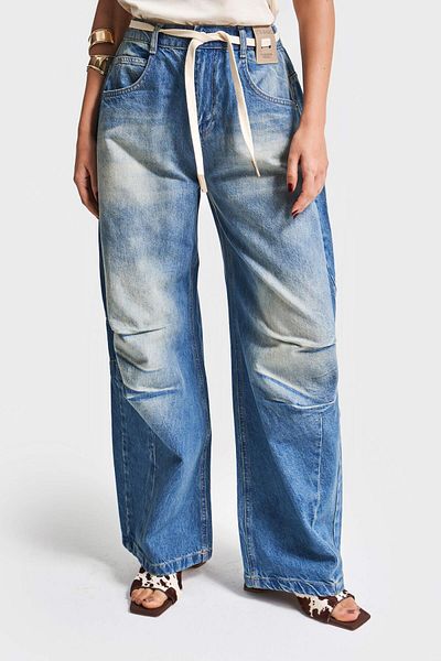 its basic Blugi de damă 2S5-65 Barrel Balloon Fit cu centură largi, 100% bumbac, blugi din denim