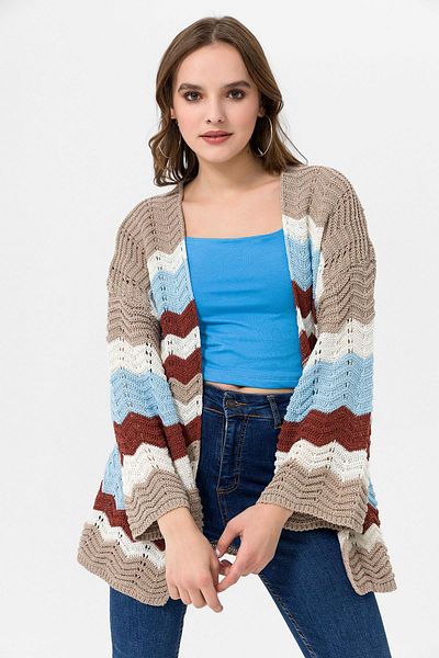 ŞİMAL Cardigan de tricotaj scobit cu decolteu în V cu mânecă lungă, cu model, pentru femei 250349   -
