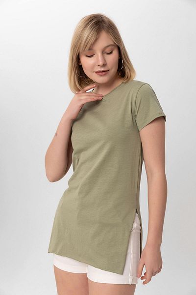 ŞİMAL Women's Side Slit Detailed Crew Neck T-Shirt240096 -