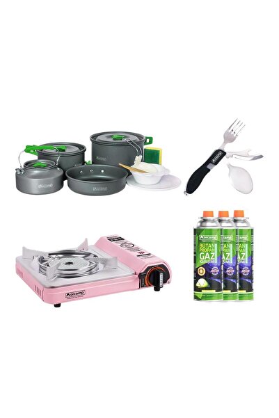 Orcamp Seramik Pro Kamp Ocak Pembe CK-508+4 Parça Tencere seti OUT-1050+ÇKB O...