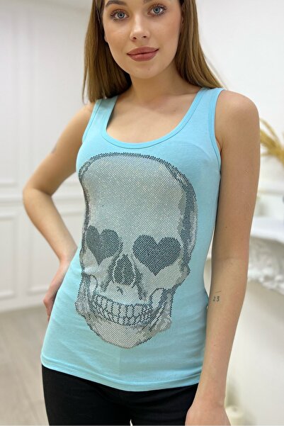 RICH GLAM Tricou fără mâneci pentru femei, cu design cu craniu și piatră de c...