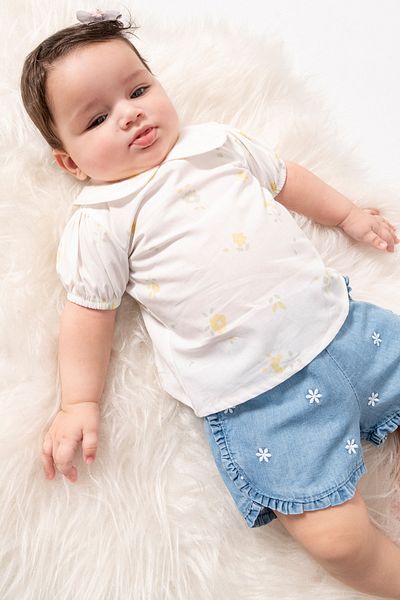 Cassiope Floral Embroidered Denim Shorts and Collared Blouse Casual Eid Top and Bottom 2-Piece Summer Baby Girl Set