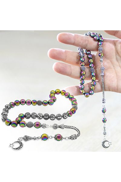 Tesbihane مسبحة من حجر الهيماتيت الطبيعي باللون الأزرق مع شرابات معدنية غير مشوهة ومكتوب عليها الاسم