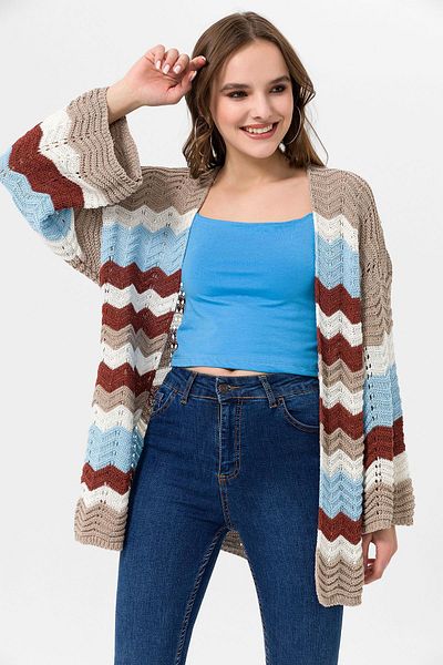 ŞİMAL Cardigan de tricotaj scobit cu decolteu în V cu mânecă lungă, cu model, pentru femei 250349   -