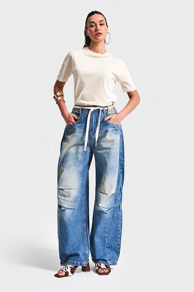 its basic Blugi de damă 2S5-65 Barrel Balloon Fit cu centură largi, 100% bumbac, blugi din denim