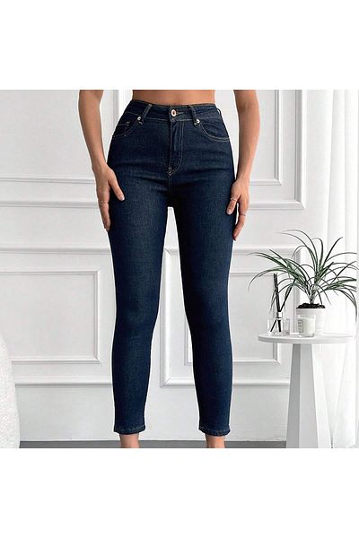 By Caspita Fashion Blugi skinny cu talie înaltă pentru femei, albastru bleumarin Power Lycra
