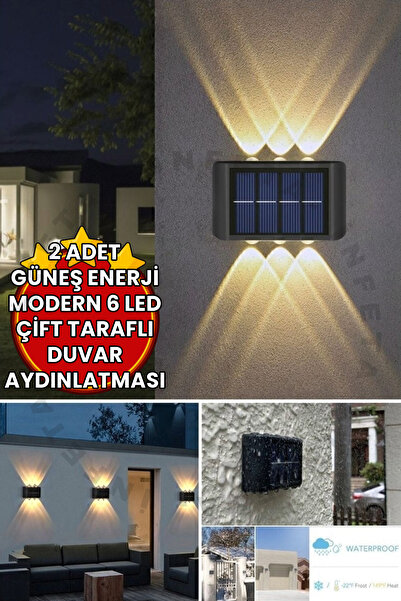 TeknoEser 2 Adet - Modern 6 Ledli Solar Çift Taraflı Aplik Güneş Enerjili Duv...