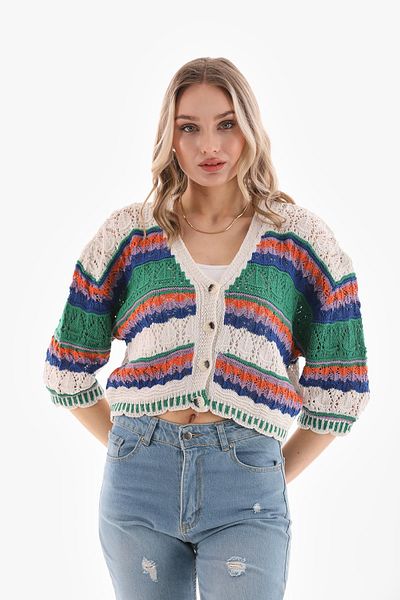 ŞİMAL Women's Colorful Stripe Patterned Buttoned Knitwear Knitted Cardigan 250374   -
