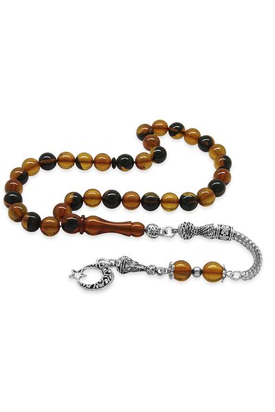 Tesbihane Non-Tarnish Metal Crescent Star Tasseled Globe Cut Yellow-Black Fire Amber Prayer Beads