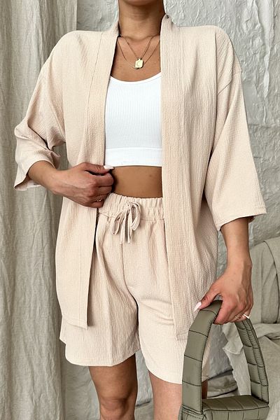Know Set de cămașă kimono bej pentru femei, pantaloni scurți pentru partea de jos
