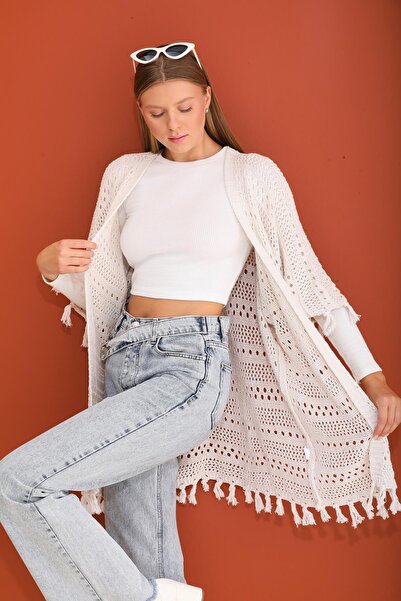 ŞİMAL Women's Bat Sleeve Tassel Knitwear Knitted Cardigan 255203 -