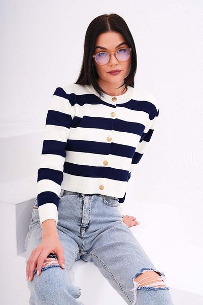 ŞİMAL Women's Stripe Patterned Button Closure Knitwear Knitted Short Cardigan 250404   -