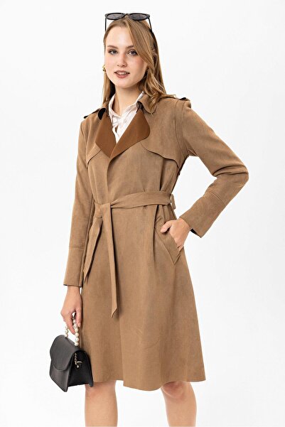 ŞİMAL Women's Suede Coat with Belt Detail - 245300