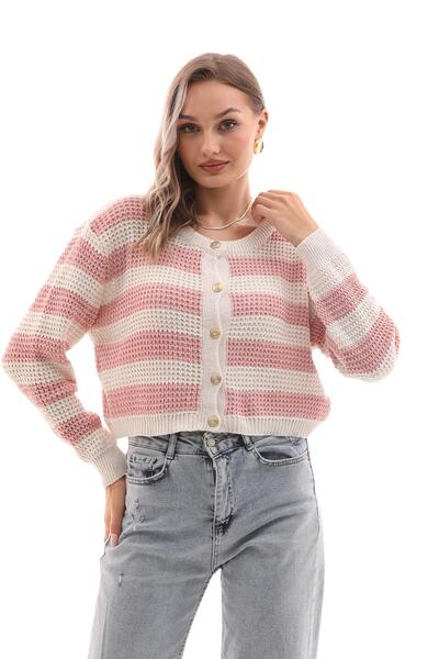 ŞİMAL Women's Stripe Patterned Button Closure Knitwear Knitted Cardigan 255195 -