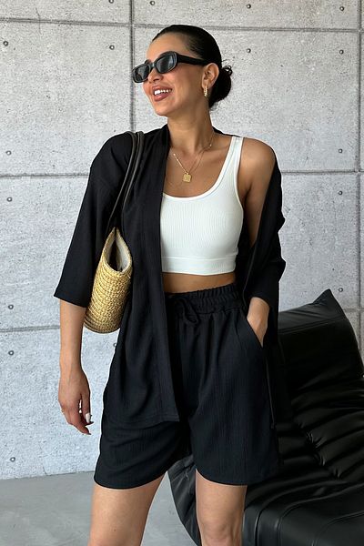Know Women's Black Kimono Shirt Shorts Top and Bottom Set