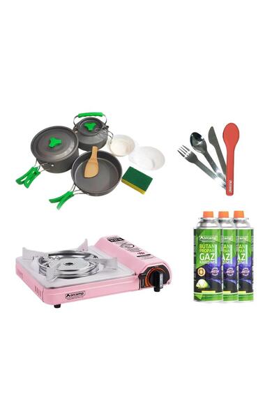 Orcamp Seramik Pro Kamp Ocak Pembe CK-508+3 Parça Tencere seti OUT-1150+ÇKB O...