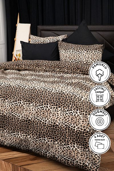 FAVORA Set cuvertură de pilota dublă cu model leopard cu cearșaf elastic