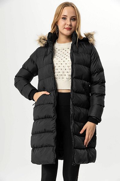 ŞİMAL Long Puffer Jacket with Hood and Feather Detail - Women 245135