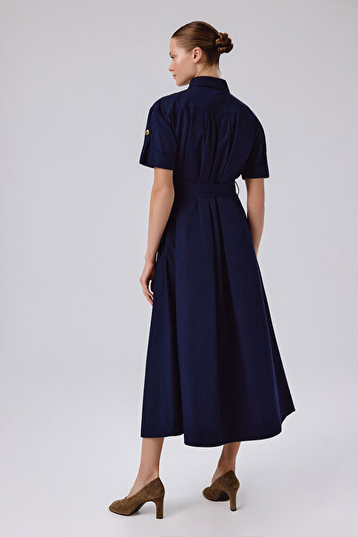 Triko Mısırlı Lacivert Gömlek Yaka Kısa Kollu Uzun Elbise