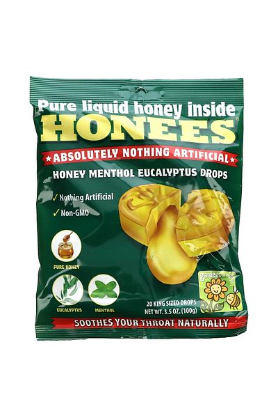 Honees Honey Menthol Eucalyptus Cough Drops - Natural Sore Throat Relief, Non-GMO, Gluten-Free (20 Drops)
